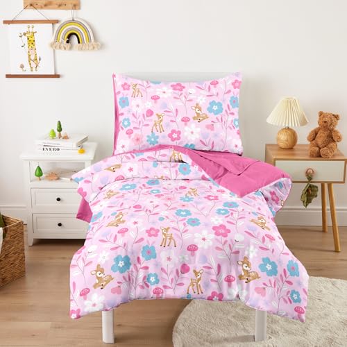 Image of Wake In Cloud - Floral Toddler Bedding Set for Girls, Cute Colorful Botanical Flowers with Deers, 4 Pieces Soft Crib Bed Set Including Comforter, Sheets and Pillowcase, Pink