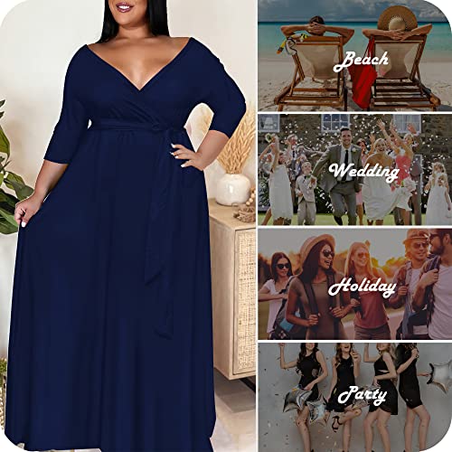 Image of Nmoder Plus Size Maxi Dress for Women - Summer Casual 3 /4 Sleeve Floral Flowy Long Dress with Belt XL- 6XL