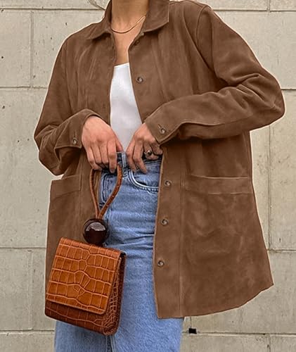 Sexyshine Women's Faux Suede Leather Jacket Lapel Long Sleeve Button Down Boyfriend Midi Length Shacket Coat3
