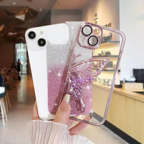 Image of SHINESTAR 3D Butterfly Case for iPhone 14, Cute Girly Glitter Bling Luxury Back Cover for Women Girls Protective Shockproof Slim Camera Protection (for iPhone 14 - Pink