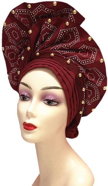 African Gold headtie auto asoebi gele Headwear African Turban Headwraps with Beads by MSB Fabric co.1871