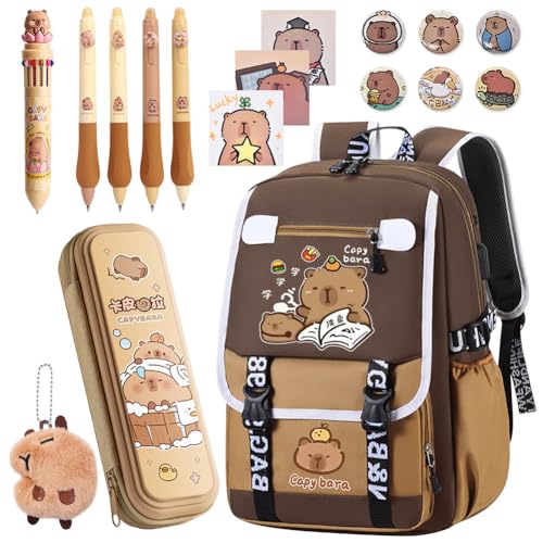 HOXSNII Capybara Mochila Infantil, Capybara Mochilas Escolares con Estuche Boligrafos Borrable Insignias Bolsa de Escuela Primaria Mochila Preescolar Bolsas Escolares de Dibujos Animados para Niños