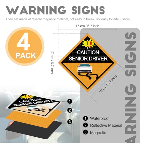 Image of Chunful 4 Pcs Funny Prank Caution Senior Driver Car Magnet Sign Gag Gifts Over The Hill Elderly Driver Magnet for Car Bumper Sticker 50th Grandma and Grandpa Birthday Gift Supply(Reflective)