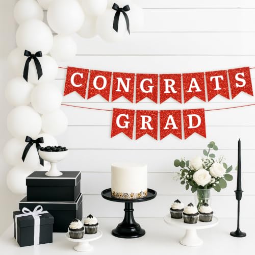 Image of Pre-Strung Congrats Grad Banner - Red Glitter Graduation Party Banner