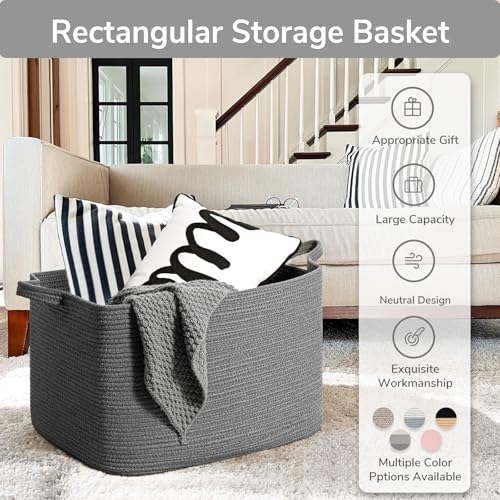 Goodpick Storage Basket, Rectangle Dirty Clothes Baskets for Laundry, Woven Basket for Living Room, Extra Large Cotton Rope Baskets for Toys, Blankets, 23.6" x 15.7" x 13.8", Dark Gray