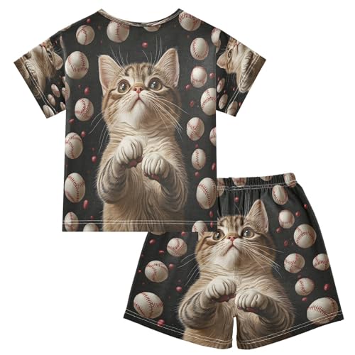 ALAZA Baseball Cat Kitten Black Pajamas Set Short Sleeve Cotton Sleepwear Summer Pjs 2 Piece 5-14Y2