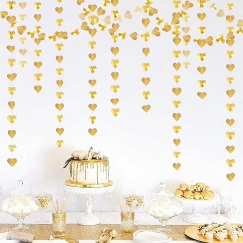 Image of Glitter Champagne-Gold Party-Decorations Heart Streamers Garland - 39Ft Wedding Engagement Hanging Paper Banner,Bachelorette Bday Bridal Baby Shower Christmas Anniversary Housewarming Backdrop Decor
