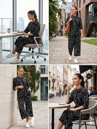Image of Leriya Fashion Co Ord Set for Women Stylish | Western Dress for Women Casual Poly Cotton Cord Set | Printed Shirt Pant Set with Wide Leg Pants | Smart Casual Office & Travel Outfit