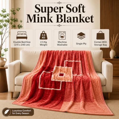 Image of Signature All Season Double Bed Blanket | Super Soft Plush, Lightweight & Cozy | 220 x 240 cm | 2.5 kg | Multi-Color Vibrant Print | Ideal for Winter, AC Use & Gifting (Coral Red)