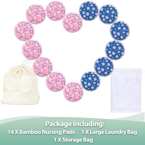 Image of wegreeco Nursing Breast Pads (14 Pack) + Laundry Bag & Travel Storage Bag, 4.7 inch Option - Washable & Reusable Breastfeeding Nursing Pads (Pink Flowers, Large, Plain Shape)