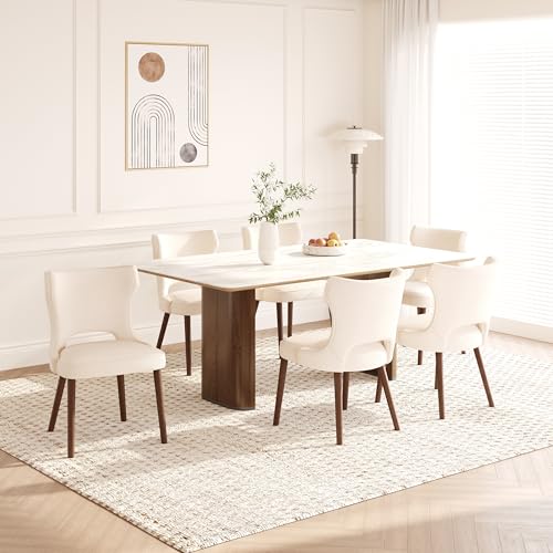 Image of Wooden Dining Chairs Set of 6, Farmhouse Dining Room Chairs with Solid Wood Legs, Mid Century Fabric Kitchen Chairs, Upholstered Chair for Restaurant & Cafe- Beige