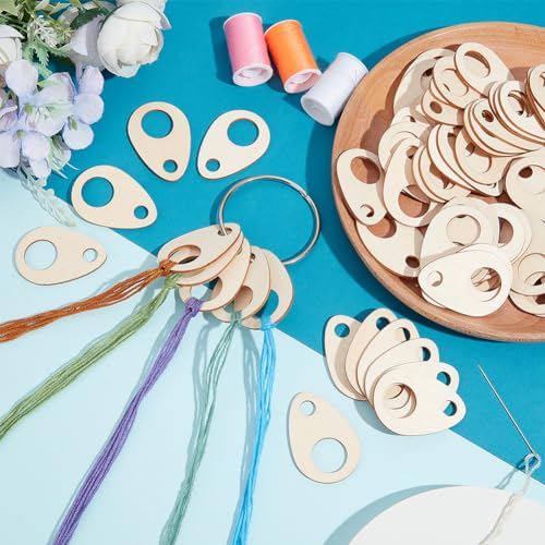 Image of BENECREAT 100pcs Teardrop Wood Thread Drops, 1.9x1.3inch Wood Cross Stitch Thread Organization with Floss Ring for Craft DIY Sewing Storage, 2mm Thick (Pack of 2)