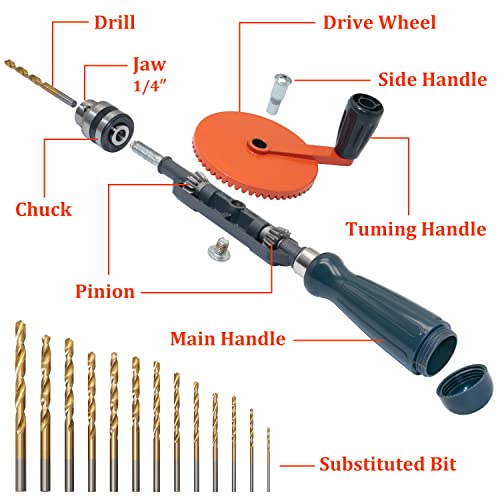 image for CheeMuii Powerful Speedy Hand Drill 1/4 Inch Manual Drill with 13 Pcs 