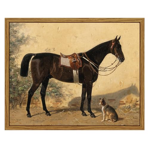 Image of ARPEOTCY Framed Canvas Horse Wall Art, Horse and Dog Art Print for Home Decor, Rustic Farmhouse Country Shelf Wall Decor for Living Room, Bedroom, Bathroom, Office Aesthetic, 8x10 inch