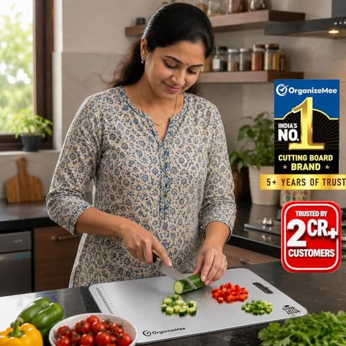 Image of OrganizeMee Stainless Steel Chopping Board for Kitchen Heavy-Duty Cutting Board for Vegetables, Fruits Cutter, Meats, vegitable Chopper Boards, Premium Metal Chopping Board (Medium)(31.8CM X 21CM)