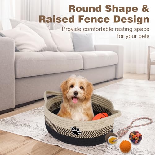 Image of Optish Dog Toy Basket, Toy Box and Bin for Dog Cat Storage, 13.5 inch X 11 inch X 5 inch Small Woven Rope Basket for Baby Storage, Closet, Living Room, Brown & Black