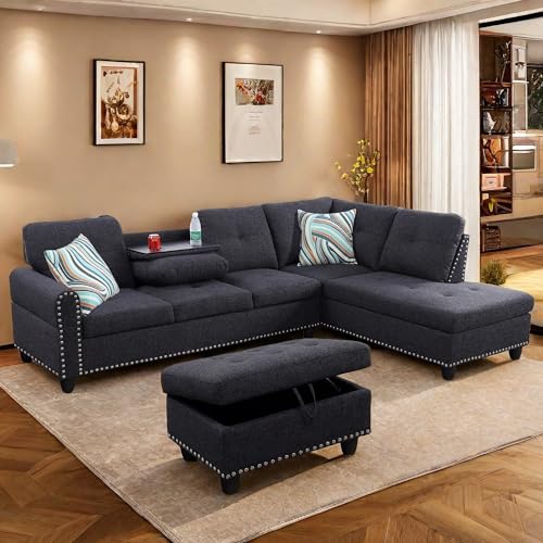 Image of FONTOI L Shaped Sectional Couch with Otttoman, 97 inch Sectional Sofa for Living Room Flannel Modular Couches with Cup Holders for Bedroom, Apartments, Black Grey