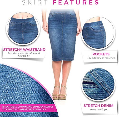 GoModest Women's Midi Casual Modest Knee Length Denim Jean Pencil Skirt (Dark Denim, 2X) - Thumbnail 2