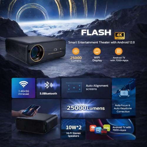 Image of Flash Smart Android Projector | 32000 lm Brightest | Native Full HD 1080p with 4K Support | 2GB+32GB | HDR10+ | HDMI eARC | WiFi Bluetooth | Home Cinema Projector