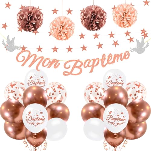 iZoeL Decoration Bapteme Fille Rose Gold, Mon Baptême Ballon Confettis, Guirlande Étoile 4 m, Pompom Papier Soie - Decoration Baby Shower/Communion