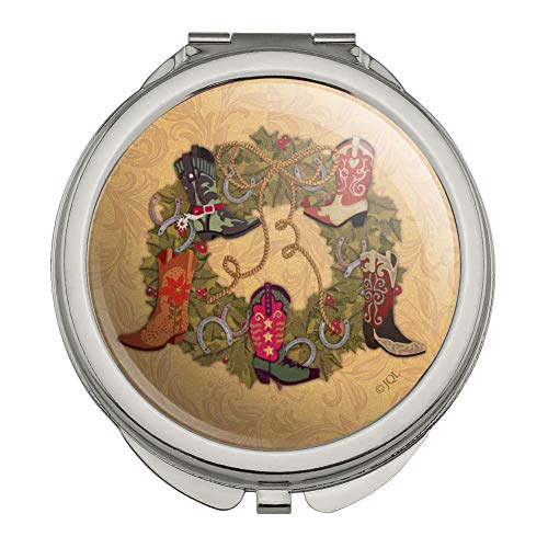 Christmas Holiday Boot Wreath Cowboy Horshoes Western Compact Travel Purse Handbag Makeup Mirror