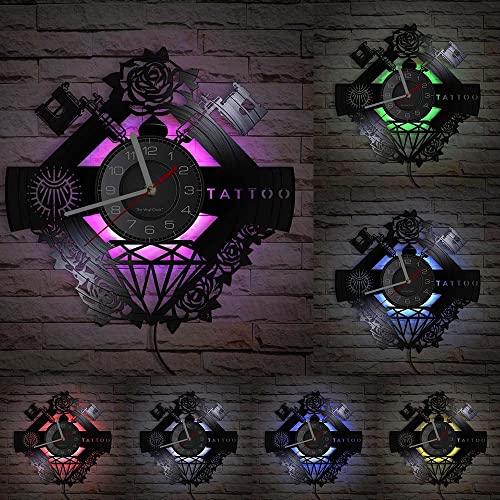 Timethink 12'' Tattoo Studio Sign Led Vinyl Record Wall Clock With 7 Colors Changing, Tattoo Silent Hanging Night Light Wall Clock Watch For Tattoo Shop Decor Labor Day Tattoo Artist Hipster Men Gift #TOP5