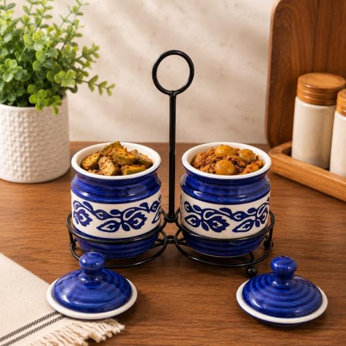Image of Niyara Multipurpose Storage Ceramic Pickle set Jars & with Lid & tray (Set of 2, 300 ML) (BLUE FLOWER)