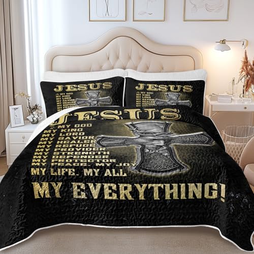 SOULZZZ Jesus Cross Full Quilt Set Religious Christian God Letter Comforter Set for Girls Boys Women, Soft Lightweight Western Culture Bedding Set 1 Coverlet and 2 Pillowcases