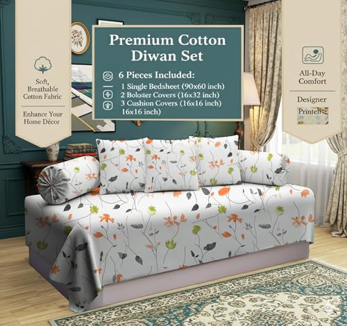 Image of IVAZA 240 TC Soft Ezyption diwan Cover Set Cotton 6 Pieces Designer Printed Standard diwan Cover Set (1 Single Bedsheet, 2 Bolster Covers, 3 Cushion Covers) White Orange