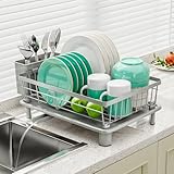 GAOKASE Dish Drying Rack, Space-Saving Dish Rack, Dish Racks for Kitchen Counter, Kitchen Dish Drainers with Removable Utensil Holder,Plate Rack and Drainboard, 11''W x 15''L, Gray