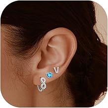 3 Pairs Women's Infinity Symbol Initial Earrings Set 925 Silver Blue Birthstone Small Stud Earrings Stackable Stud Earrings Hoop Earrings for Multiple Piercings