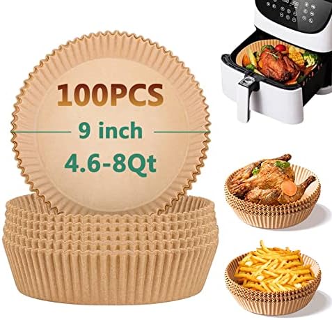 Air Fryer Disposable Paper Liner, 9 Inch Air Fryer Paper Liner Round, Air Fryer Parchment Paper Non-stick, Baking Paper Unbleached, Oil-proof, Water-proof for Baking Roasting Microwave, 100PCS