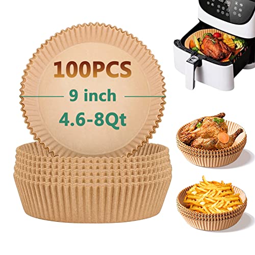 Air Fryer Disposable Paper Liner, 9 Inch Air Fryer Paper Liner Round, Air Fryer Parchment Paper Non-Stick, Baking Paper Unbleached, Oil-Proof, Water-Proof For Baking Roasting Microwave, 100Pcs #TOP1