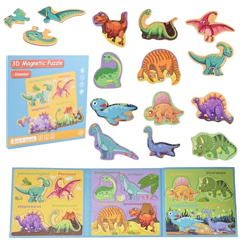 Image of ASTARON Magnetic Puzzles 60 Pieces Dinosaur Kids Educational Travel Toys | Folding puzzle, includes 3 bubble stickers, puzzle pieces with words, learn while playing, easy to store, educational toy