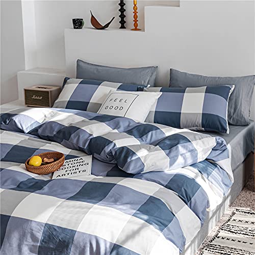 Image of Plaid Comforter Set Full Modern Style Checkered Pattern Comforter for Men Boys Blue White Grey Geometric Comforter with 2 Pillowcases Fluffy Soft 3 Pieces Lightweight Bedding Full Comforter Set