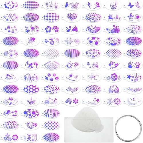 Fulmoon 72 Pcs Face Paint Stencils Reusable Face Painting Stencils Body Painting Makeup Tattoos with Storage Bag and Binder Ring for Kid Adult Halloween Party Art(Vintage)