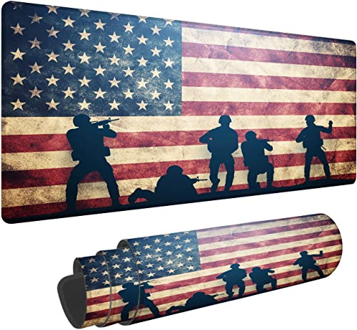 Hanazaoa Soldiers On Usa Flag Gaming Mouse Pad Large Mouse Mat Xl Desk Mat Extended Mouse Mat Non-Slip Laptop Computer Keyboard Mouse Pad For Office & Home 31.5X11.8 Inch #TOP17