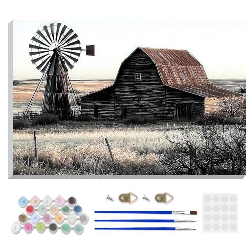 DOMROM Framed Paint by Numbers Kit for Adults Beginners, DIY Farmhouse Barn Paint by Number Kit on Canvas, DIY Oil Painting Kits for Home Wall Decor Gift 12x8in