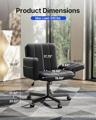 Image of HUANUO Criss Cross Chair with 6-Point Adjustable Armrests, Pet-Friendly Criss Cross Office Chair, Comfortable Cross Leg Chair with Wide Seat, Durable PU Leather, Side Storage Pocket, Easy Assembly