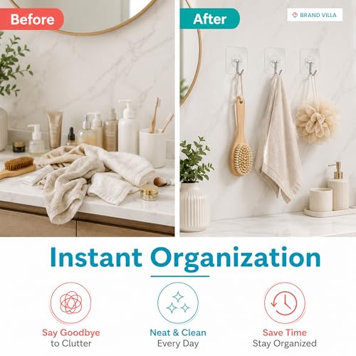 Image of BRAND VILLA Flower Shape Transparent Adhesive Wall Hooks Heavy Duty Waterproof Self Adhesive No Drill Damage Free Sticky Hooks for Bathroom Kitchen Door Towel Key Holder Pack of 10