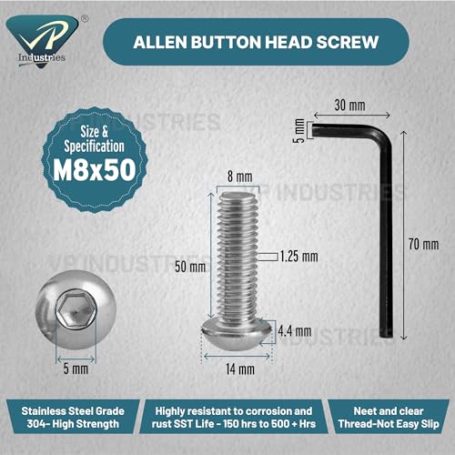Image of Rely⇒VP INDUSTRIES (Pcs-25) M8x50 Button Head Cap Screw Stainless Steel Grade 304 | Allen Round Mushroom Head Screw with Allen Key 1 Pc