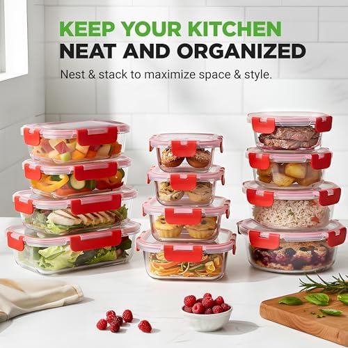 NutriChef 24 Piece Glass Food Storage Containers with Lids - Airtight Glass Meal Prep Containers, Bento Lunch Boxes, Hinged Lock Lid, For Meal Prep, Kitchen Storage, Freezer (12 Containers & 12 lids) - Thumbnail 4