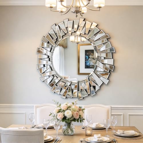 Image of 40 inch Large Living Room Mirror for Decor, Big Round Wall Mirror with Irregular Glass Frame for Bathroom, Entryway, Bedroom, Hallway, Vertically Hang
