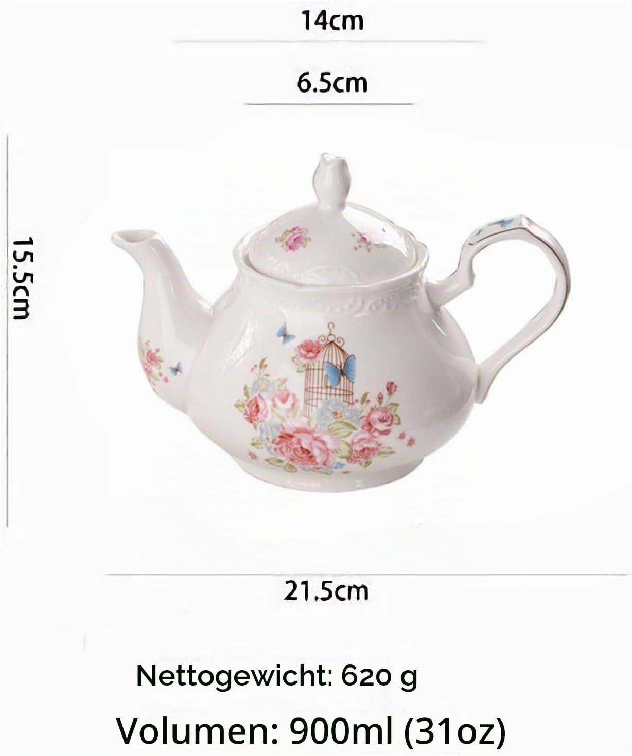 YBK Tech Strength Porzellan-Kaffeekanne, Keramik-Teekanne, rosa Rose (Teekanne + 2 Sets Tassen und Untertasse)
