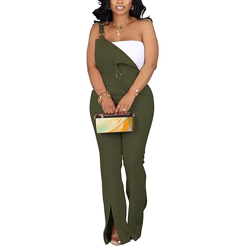 Casual Baggy Denim Overalls for Women Adjustable Strap Bib Split Wide Leg flare Jeans Onesie Jumpsuit Rompers with Pockets