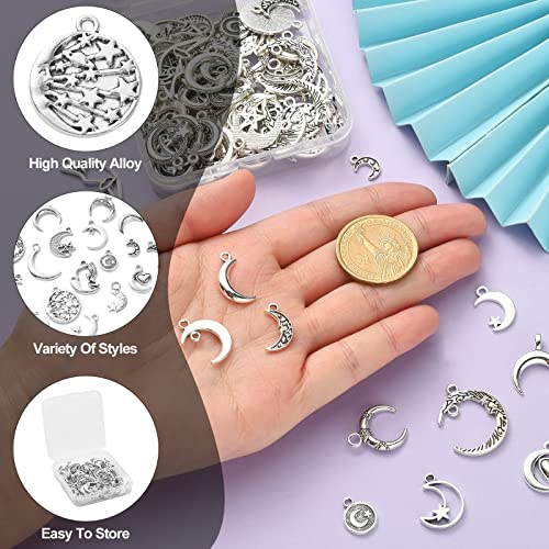 Stiesy 100Pcs 20 Styles Tibetan Silver Antique Crescent Moon With Star Charms - Vintage Hollow Dangle for Jewellery Making DIY Crafts - Image 3