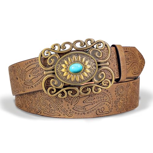 FALETO Women's Western Belt Turquoise Buckle Vintage Embossed Leather Belt for Cowgirl Jeans Dress Rodeo Country Concert
