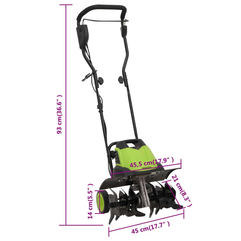 Mangloder - Fresa de jardín eléctrica de 1500 W con 6 cuchillas, azada de acero, 45,5 cm de ancho de trabajo, 24 cm de profundidad, cultivador para huertos, cultivador y cuidado del jardín, color