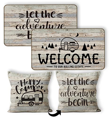 Camper Door Mat & Pillow Covers - 3 Piece Set (18x18 Pillow + 2x30x17 Mats) - Best RV Gifts & Decorations