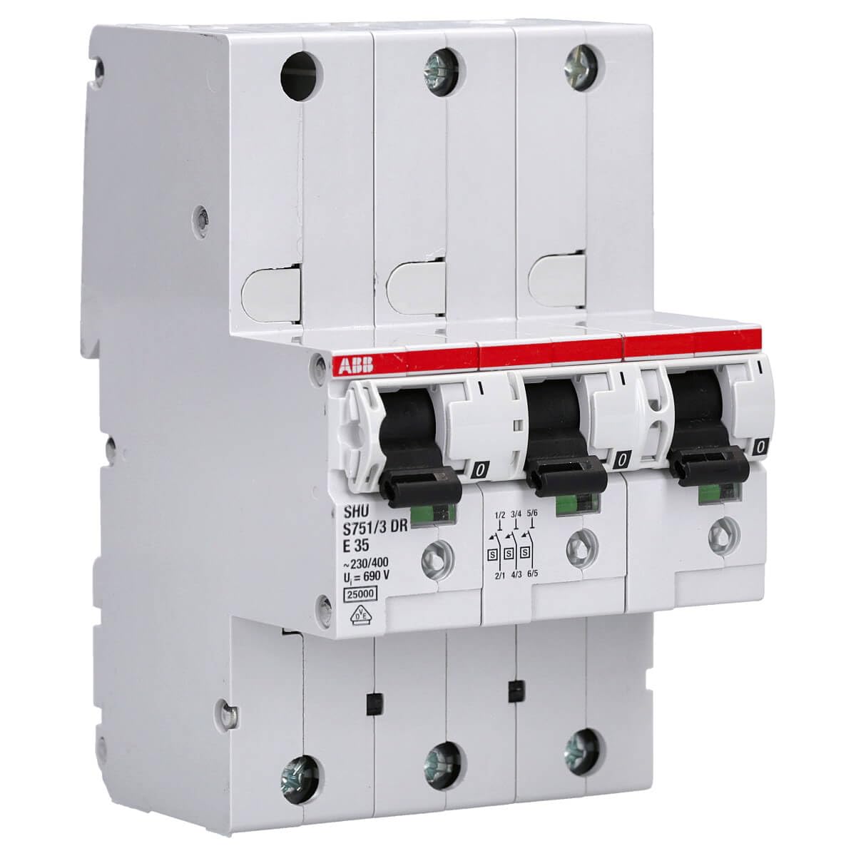 ABB S751/3DR-E35 SLS-Schalter 35A 3-polig selektiver Haupt-Sicherungsautomat E-Charakteristik 25kA Hutschiene S750DR-Serie